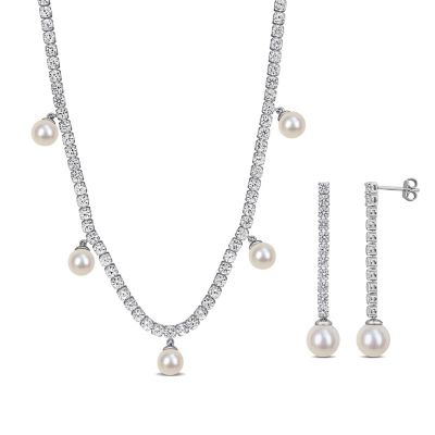 Belk & Co Lab Created White Sapphire & Cultured Freshwater Pearls Set of Drop Earrings & Charm Necklace in Sterling Silver