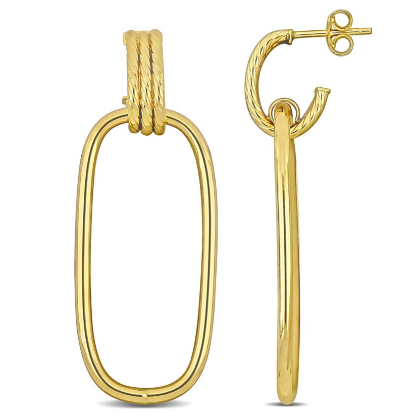 18mm Open Huggie Hoop with Open Rectangular Drop Earrings in 10k Yellow Gold