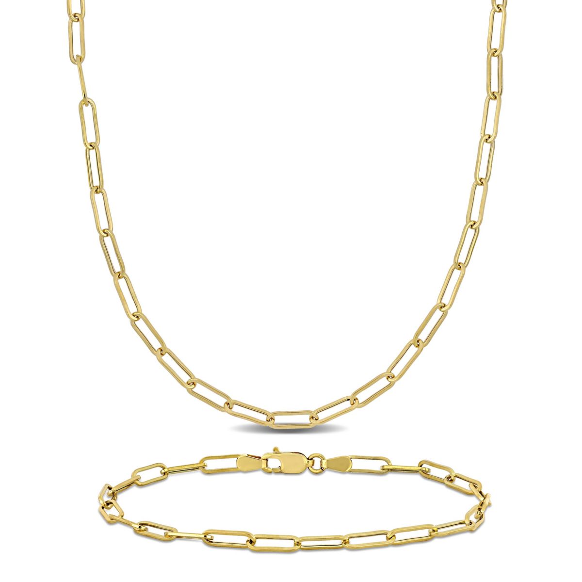 2-Piece Set of Mens 3.3mm Polished Paperclip Chain Necklace and Bracelet Set 14k Yellow Gold, 24" & 9"