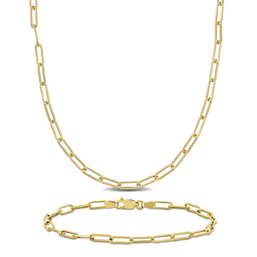2-Piece Set of Mens 3.3mm Polished Paperclip Chain Necklace and Bracelet Set 14k Yellow Gold, 24" & 9"