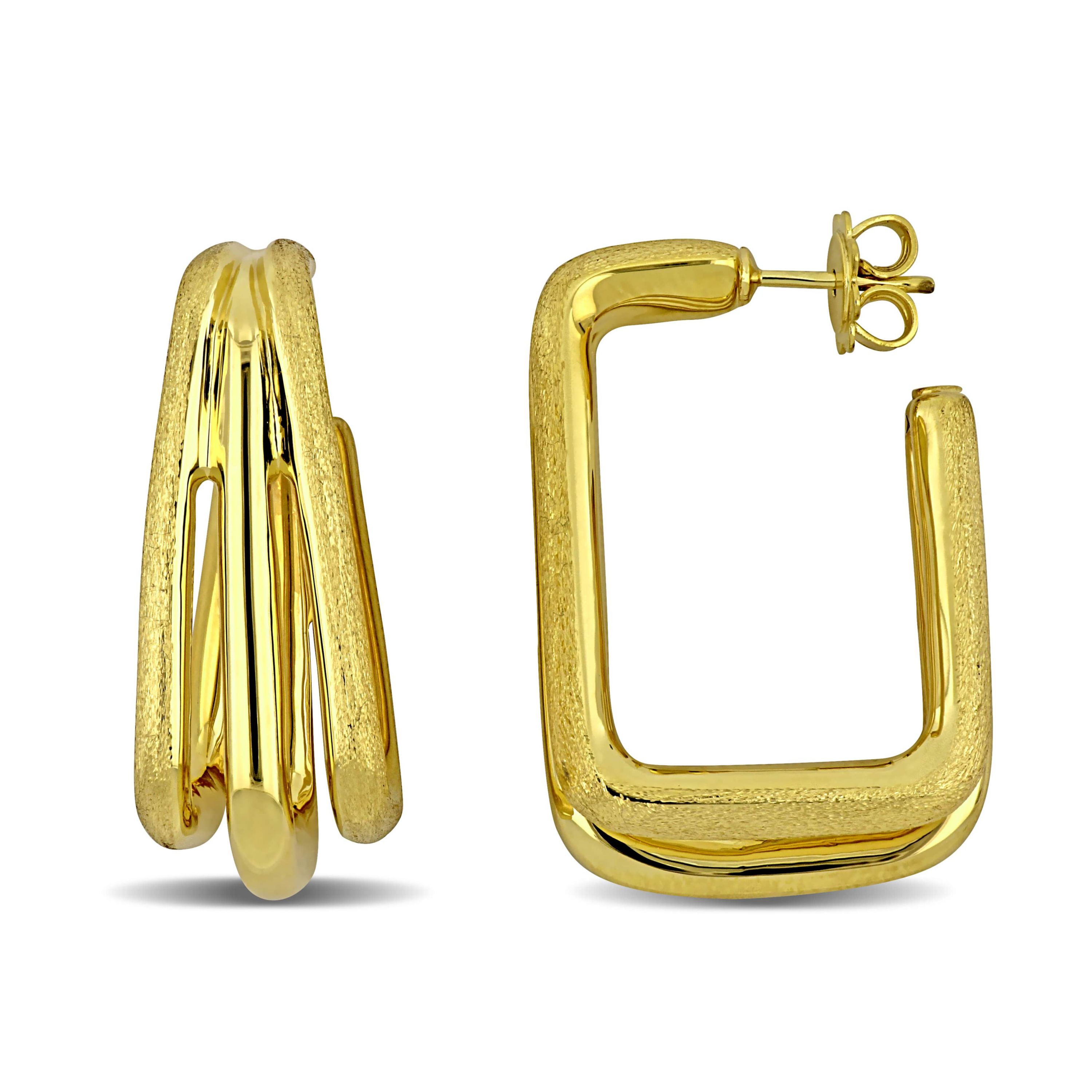 33mm Triple Row Satin and Polished Finish Square Hoop Earrings in 14K Yellow Gold