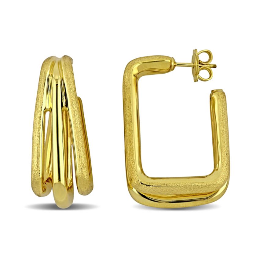 33mm Triple Row Satin and Polished Finish Square Hoop Earrings in 14K Yellow Gold
