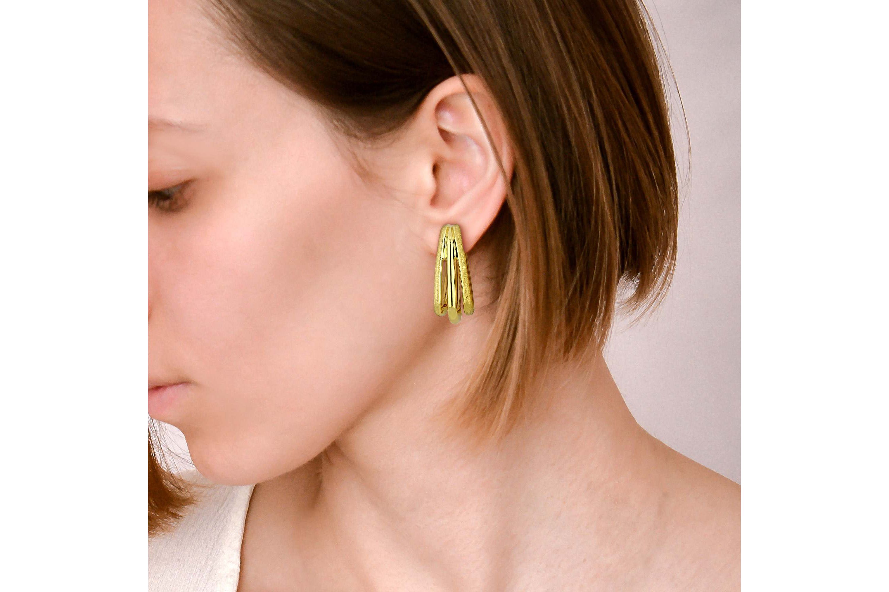 33mm Triple Row Satin and Polished Finish Square Hoop Earrings in 14K Yellow Gold