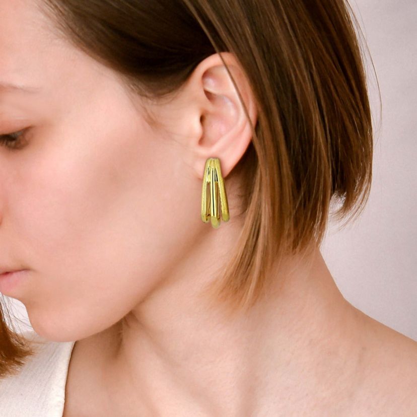 33mm Triple Row Satin and Polished Finish Square Hoop Earrings in 14K Yellow Gold