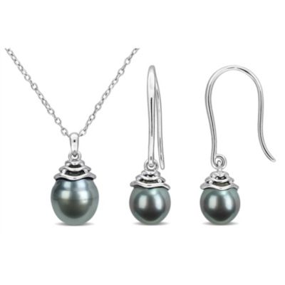 Belk & Co 2-Piece Set Of 8-9.5mm Black Tahitian Cultured Pearl Earrings & Pendant With Chain in Sterling Silver, White