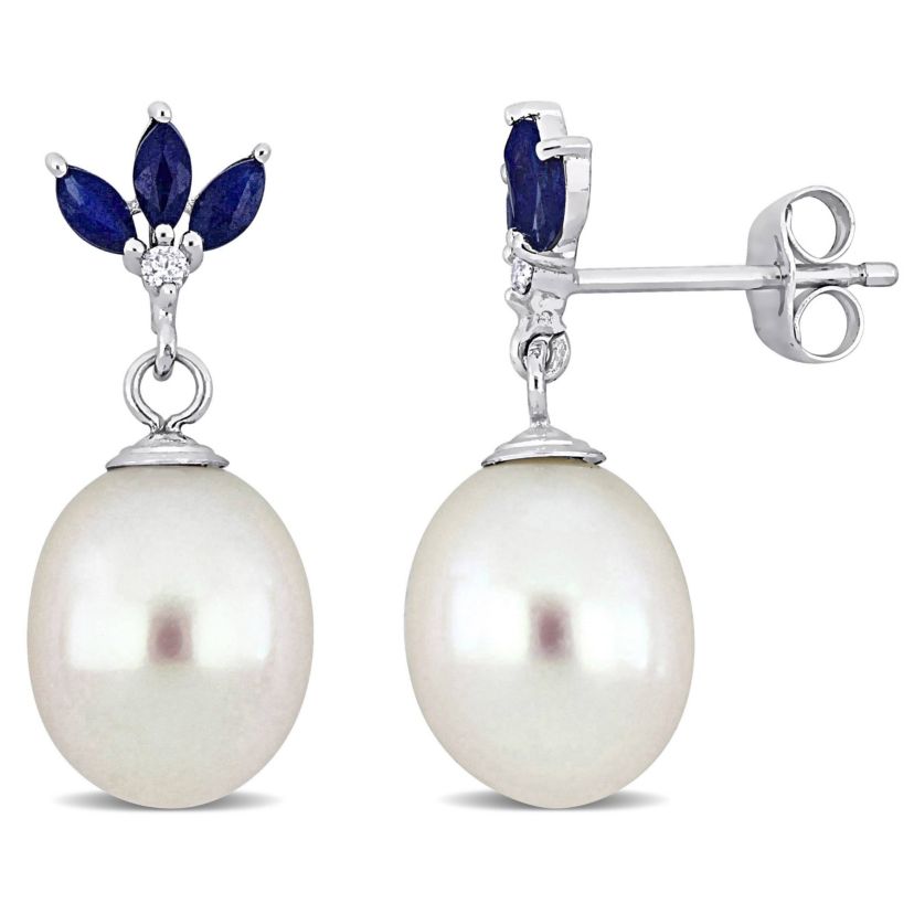 9-9.5mm Freshwater Cultured Pearl, Sapphire & Diamond Accent Earrings Sterling Silver