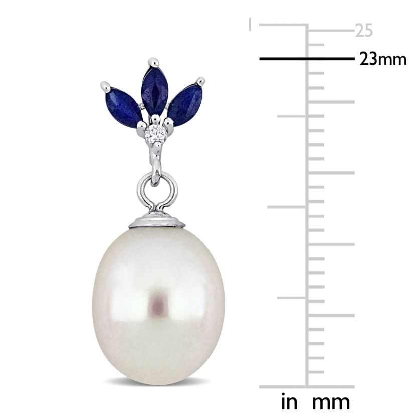 9-9.5mm Freshwater Cultured Pearl, Sapphire & Diamond Accent Earrings Sterling Silver
