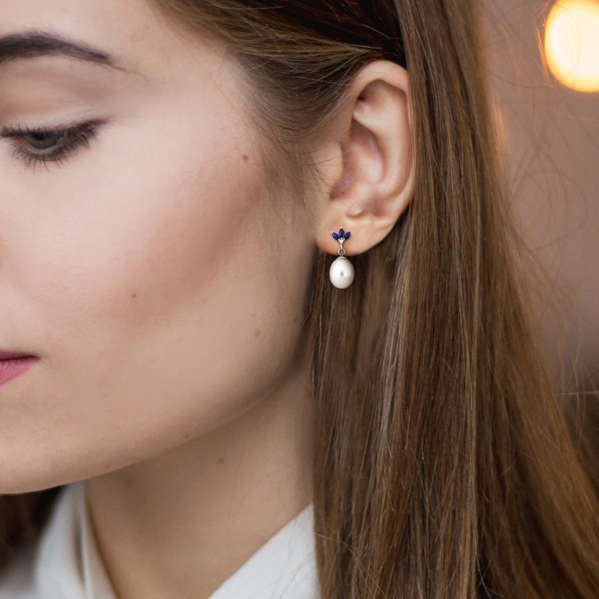 9-9.5mm Freshwater Cultured Pearl, Sapphire & Diamond Accent Earrings Sterling Silver