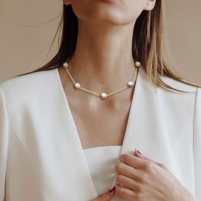 8.5-9mm White South Sea Cultured Pearl Necklace in 14k Yellow Gold