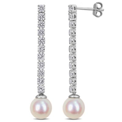 Belk & Co Lab Created 8-8.5mm Freshwater Cultured Pearl & White Sapphire Drop Earrings in Sterling Silver