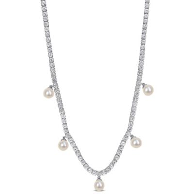 Belk & Co Lab Created 6-6.5mm Freshwater Cultured Pearl & White Sapphire Necklace in Sterling Silver