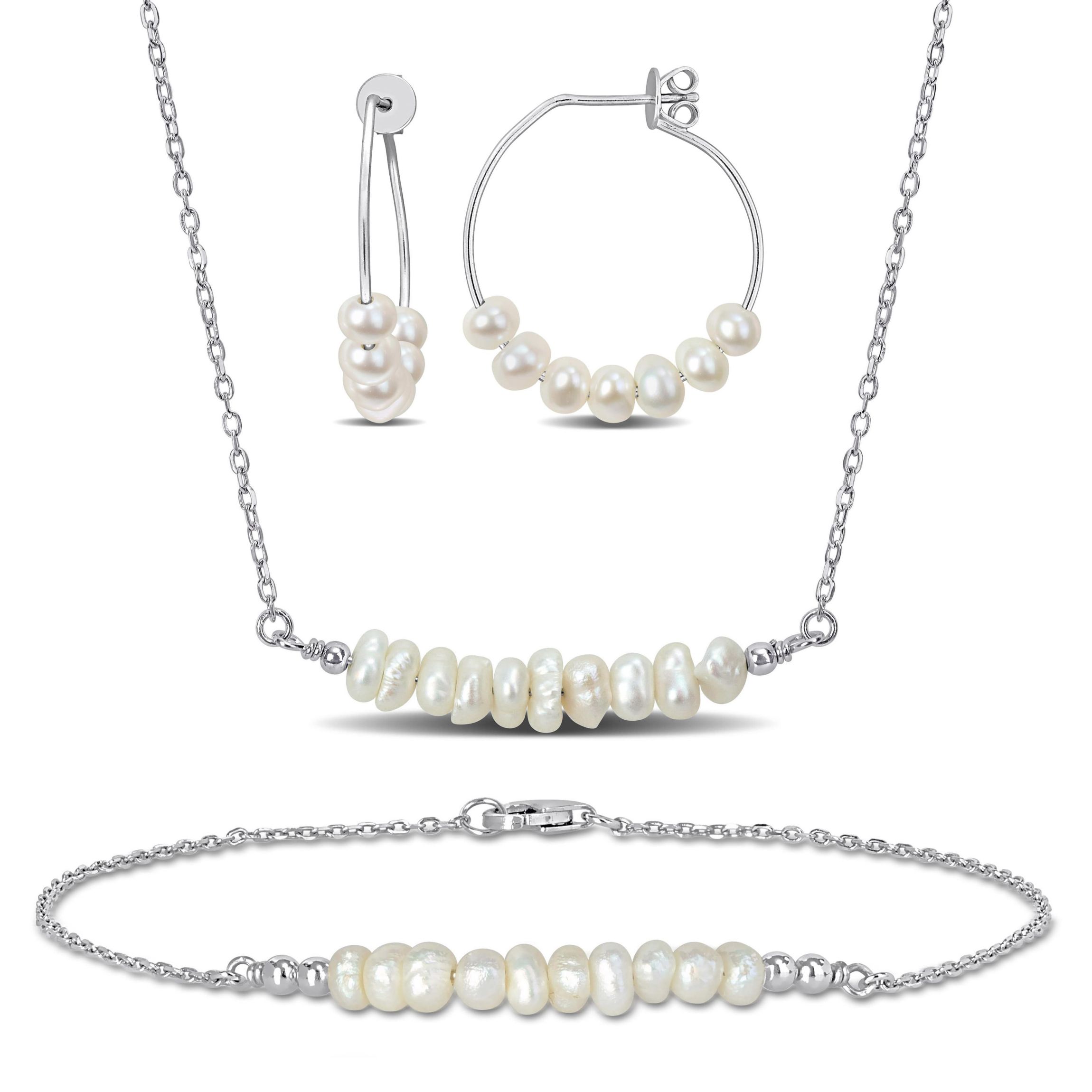 3-Piece Set Freshwater Cultured Pearl Bracelet, Earrings & Necklace in Sterling Silver