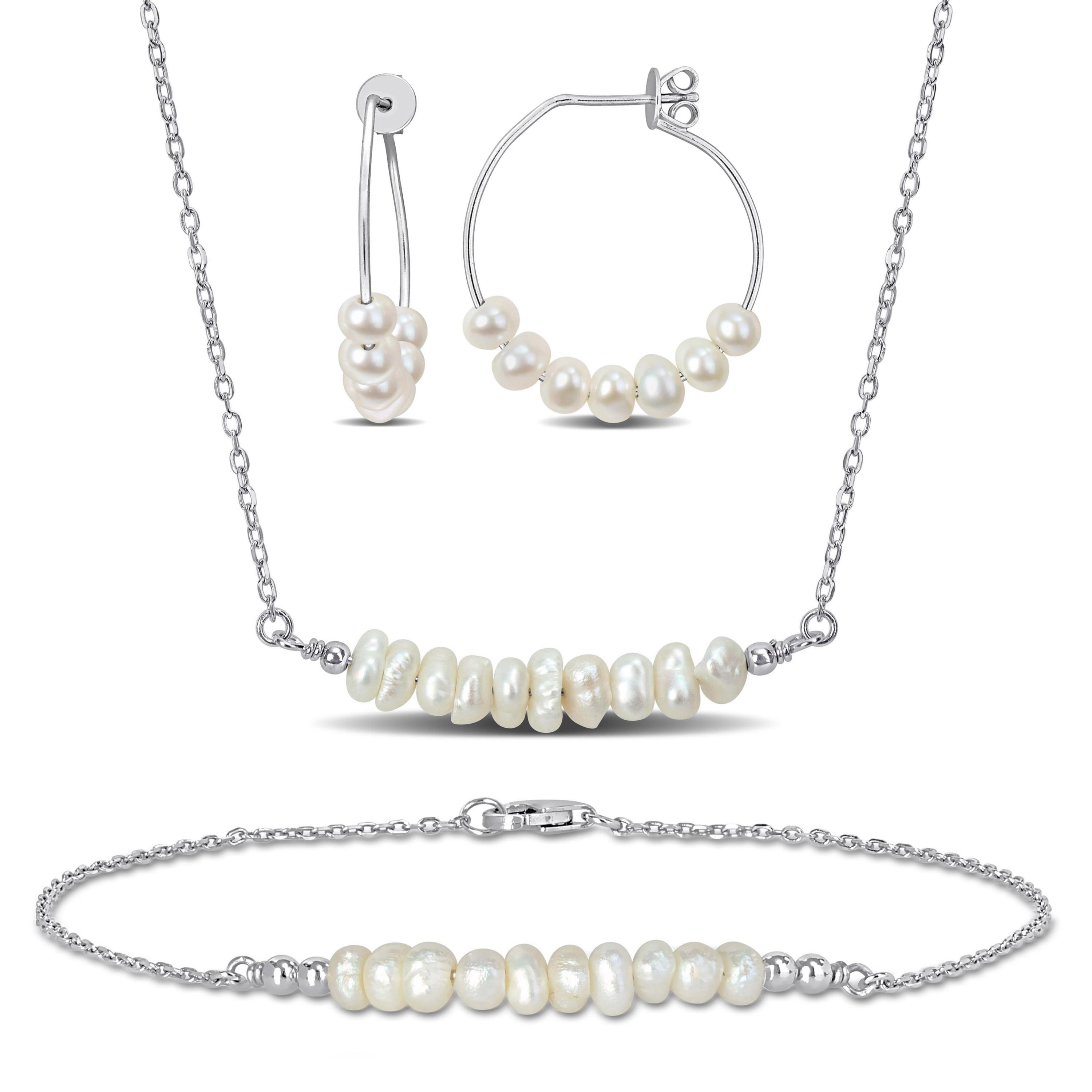 3-Piece Set Freshwater Cultured Pearl Bracelet, Earrings & Necklace in Sterling Silver