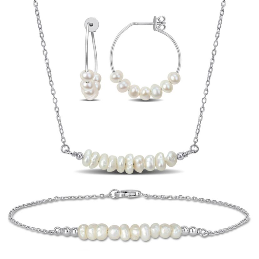 3-Piece Set Freshwater Cultured Pearl Bracelet, Earrings & Necklace in Sterling Silver