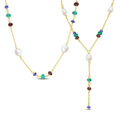 Belk & Co Freshwater Cultured Pearl & Multi-Gemstone Necklace Set in Yellow Plated Sterling Silver