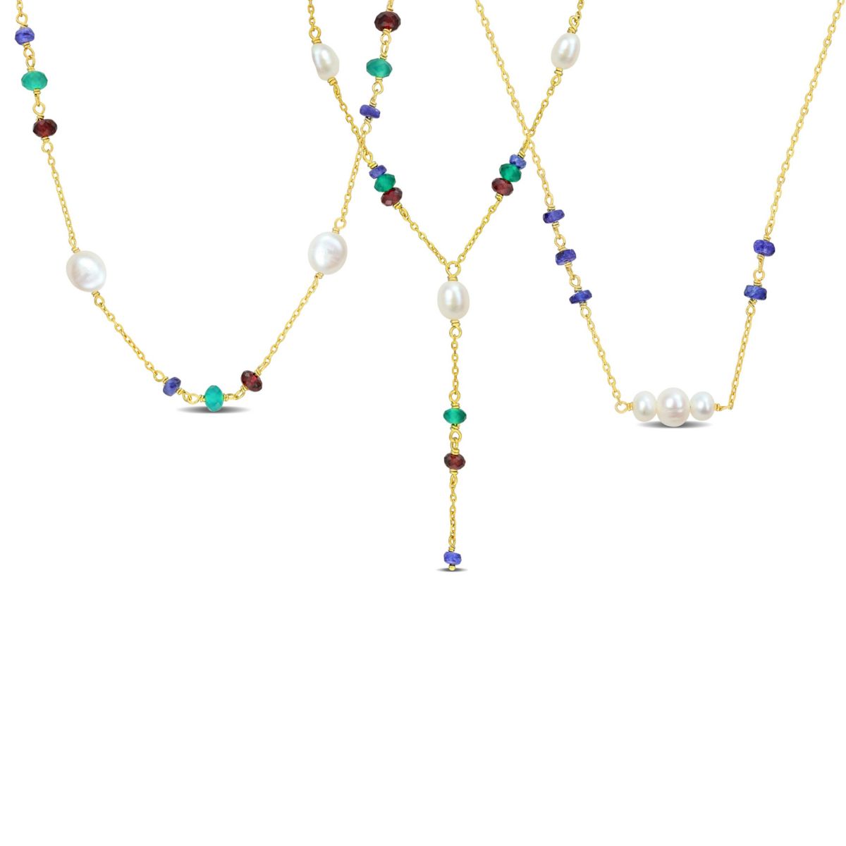 Freshwater Cultured Pearl & Multi-Gemstone Necklace Set in Yellow Plated Sterling Silver