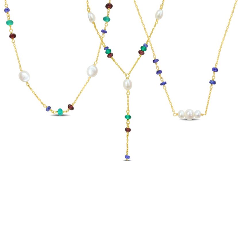 Freshwater Cultured Pearl & Multi-Gemstone Necklace Set in Yellow Plated Sterling Silver