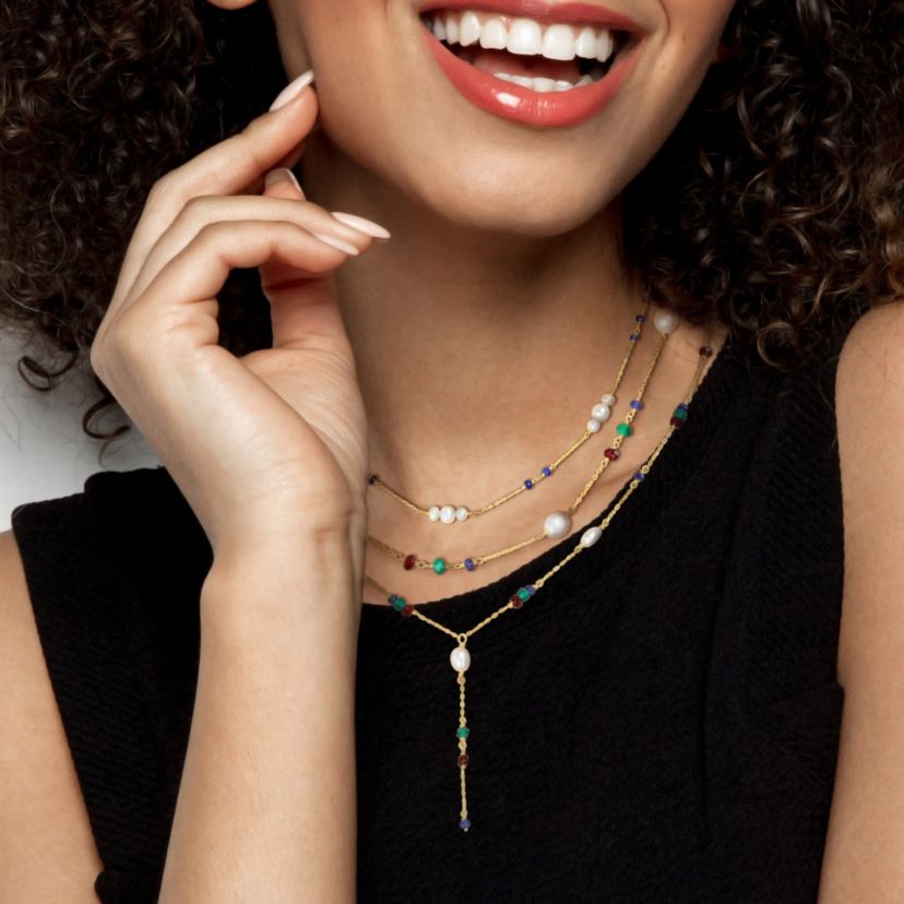 Freshwater Cultured Pearl & Multi-Gemstone Necklace Set in Yellow Plated Sterling Silver