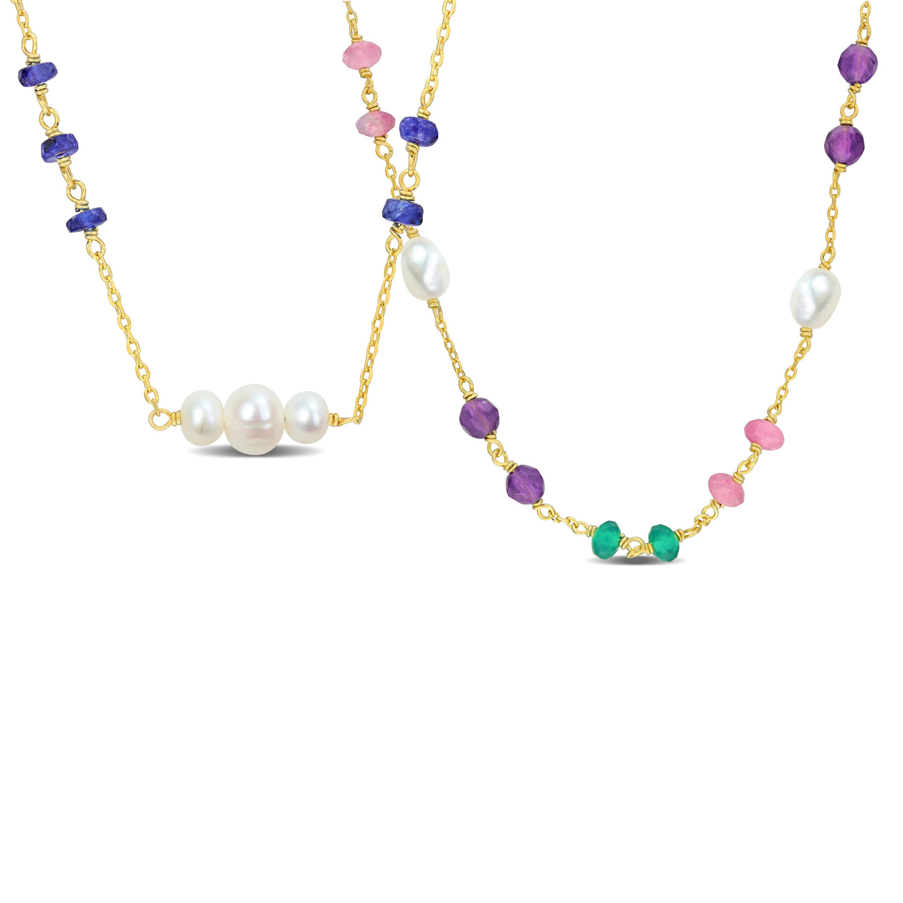 4-5.5mm Freshwater Cultured Pearl & Multi-Gemstone Necklace Set in Yellow Plated Sterling Silver