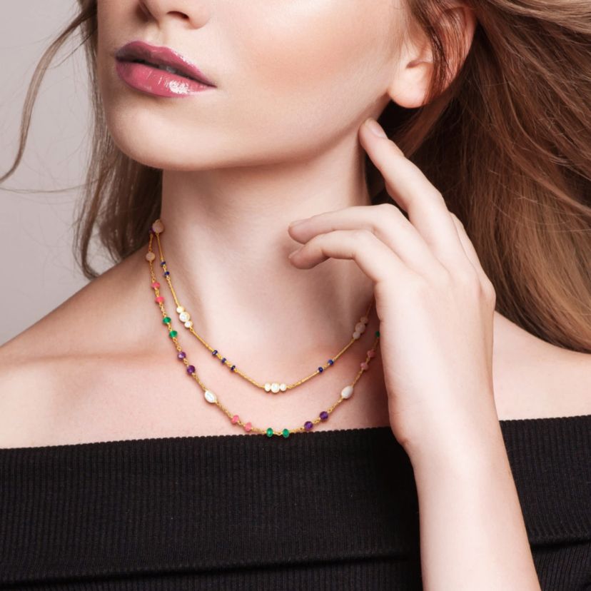 4-5.5mm Freshwater Cultured Pearl & Multi-Gemstone Necklace Set in Yellow Plated Sterling Silver