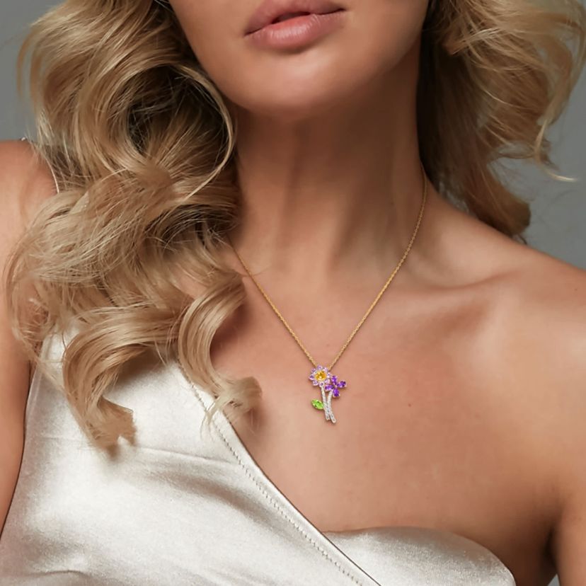 Multi-Gemstone Pendant With Chain in Yellow Plated Sterling Silver
