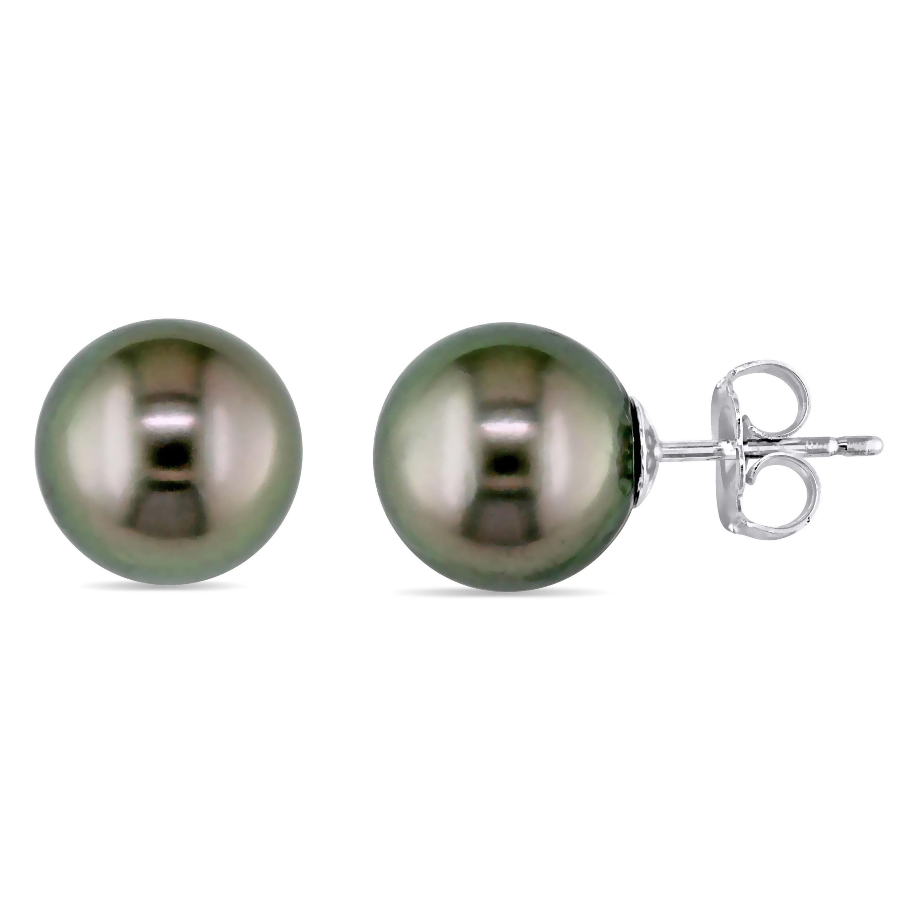 9-9.5mm Black Tahitian Cultured Pearl Stud Earrings in 18k White Gold