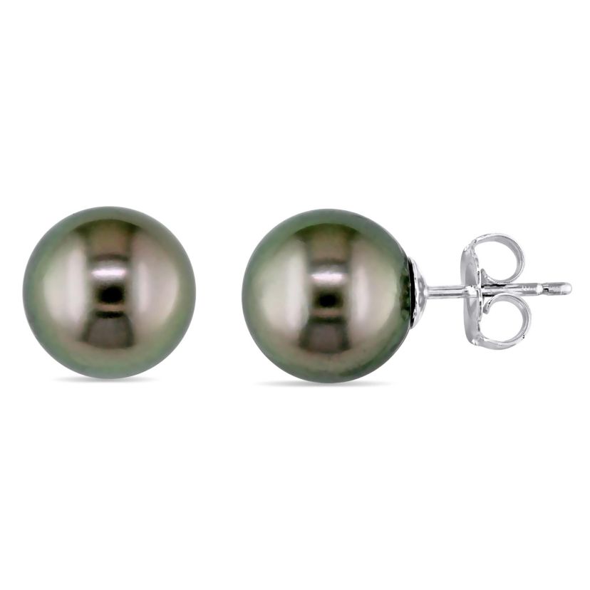 9-9.5mm Black Tahitian Cultured Pearl Stud Earrings in 18k White Gold