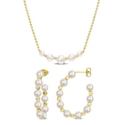 Belk & Co 4.5-5mm & 5-8mm Freshwater Cultured Pearl & White Topaz Hoop Earrings, Necklace Set in Yellow Plated Sterling Silver