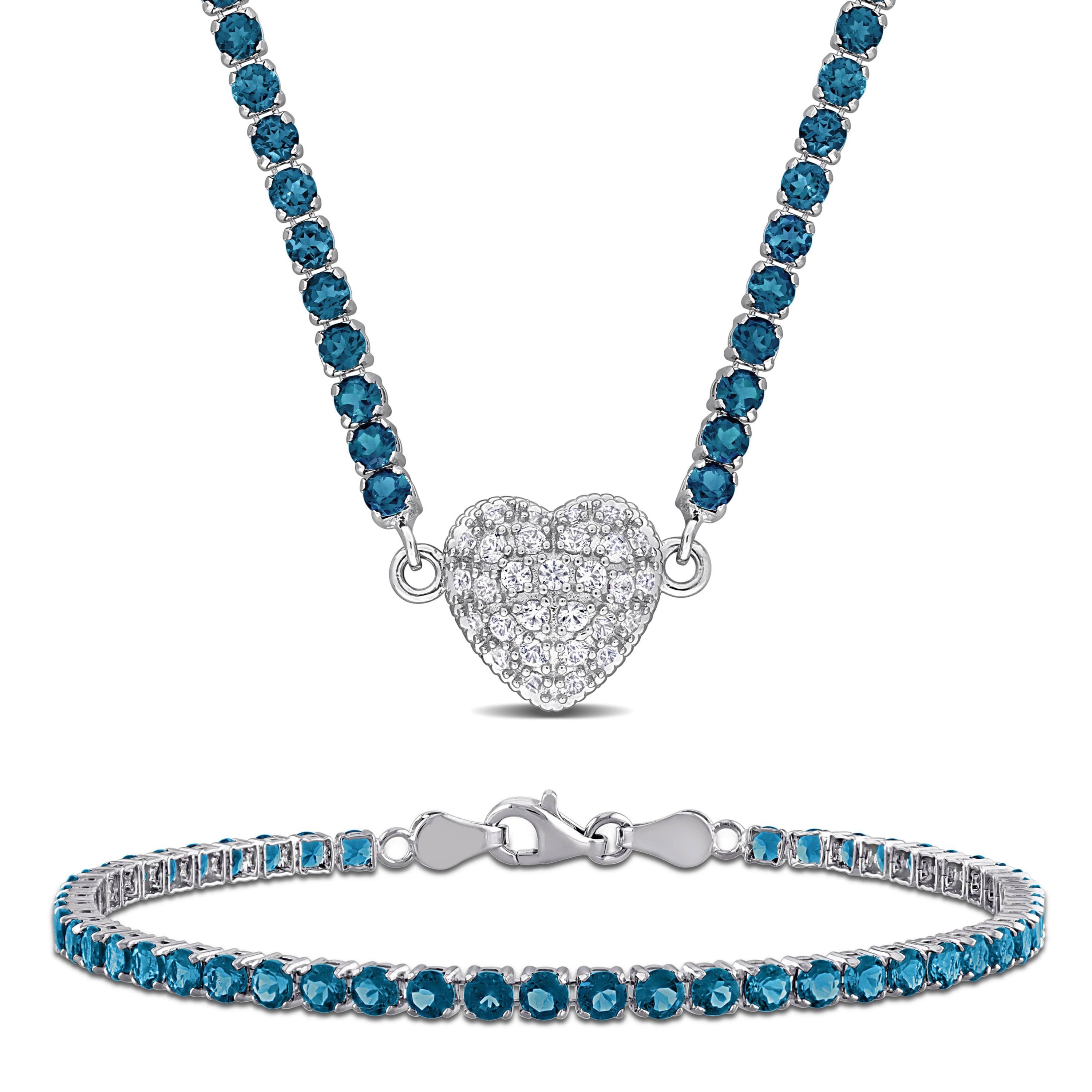 Lab Created London Blue Topaz & Created White Sapphire Heart Necklace & Bracelet Set in Sterling Silver