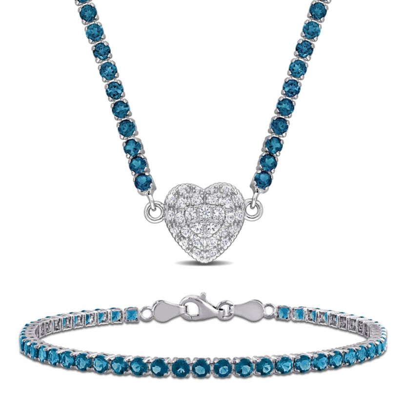 Lab Created London Blue Topaz & Created White Sapphire Heart Necklace & Bracelet Set in Sterling Silver