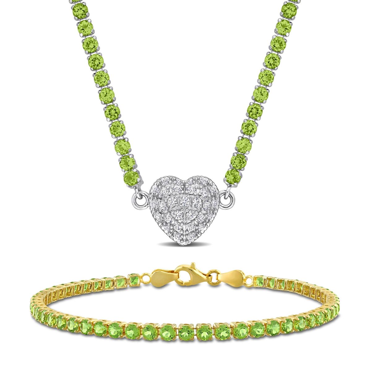 Lab Created Peridot & Created White Sapphire Heart Necklace & Bracelet Set in Two-tone Silver