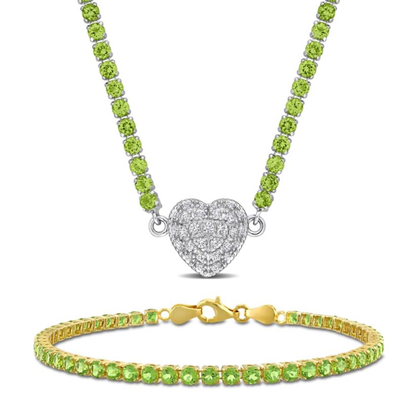 Lab Created Peridot & Created White Sapphire Heart Necklace & Bracelet Set in Two-tone Silver