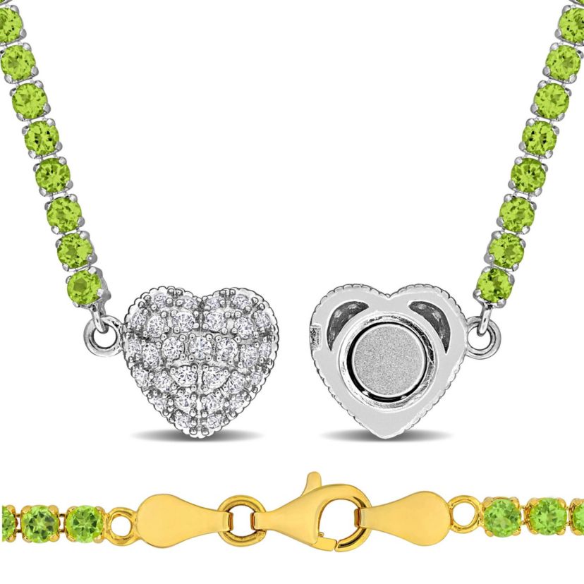 Lab Created Peridot & Created White Sapphire Heart Necklace & Bracelet Set in Two-tone Silver