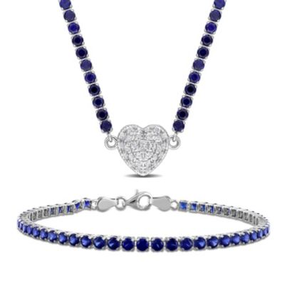 Belk & Co Lab Created Blue & White Sapphire Heart Necklace & Bracelet Set in Sterling Silver