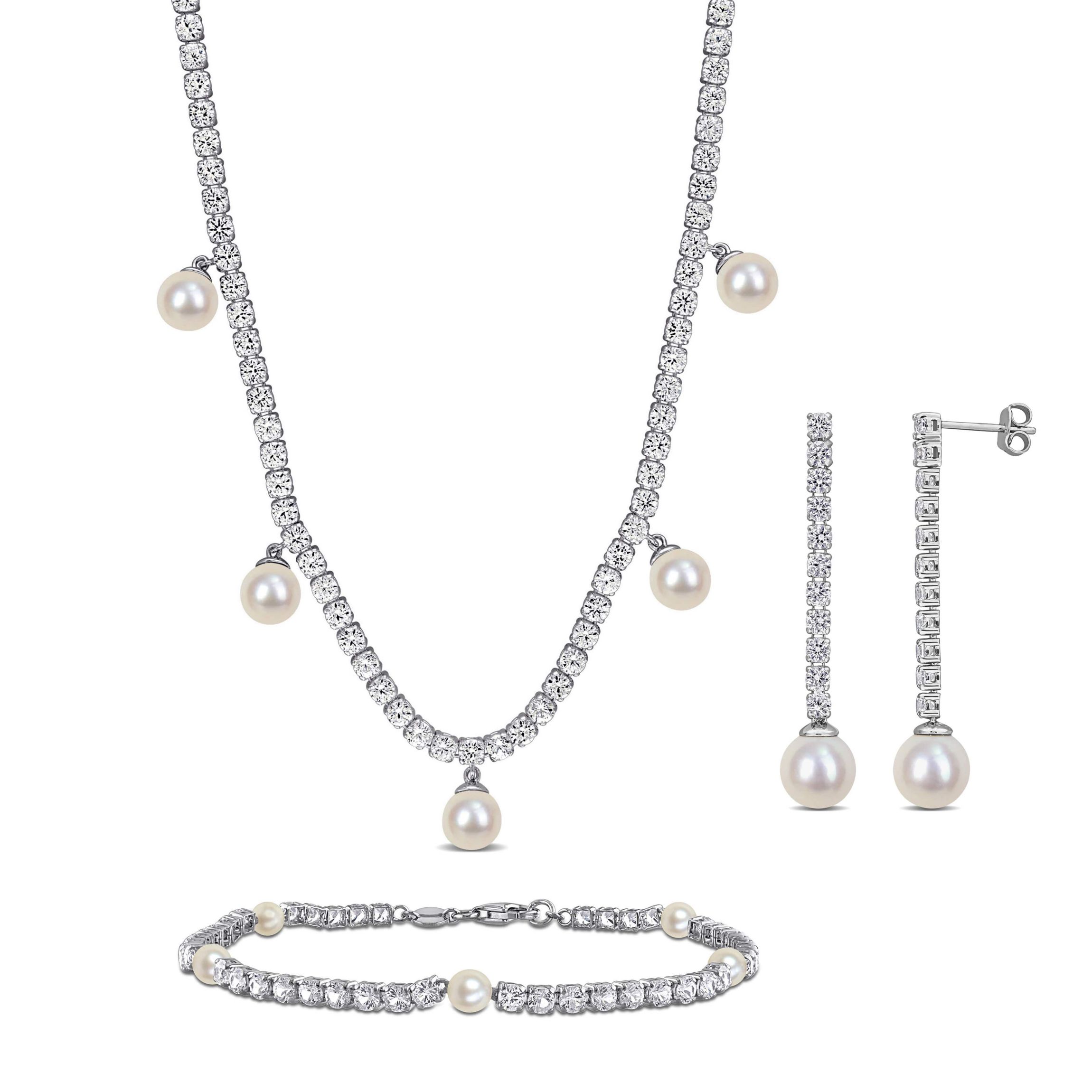 Lab Created Created White Sapphire & Freshwater Cultured Pearls Earrings, Bracelet & Necklace Set in Sterling Silver