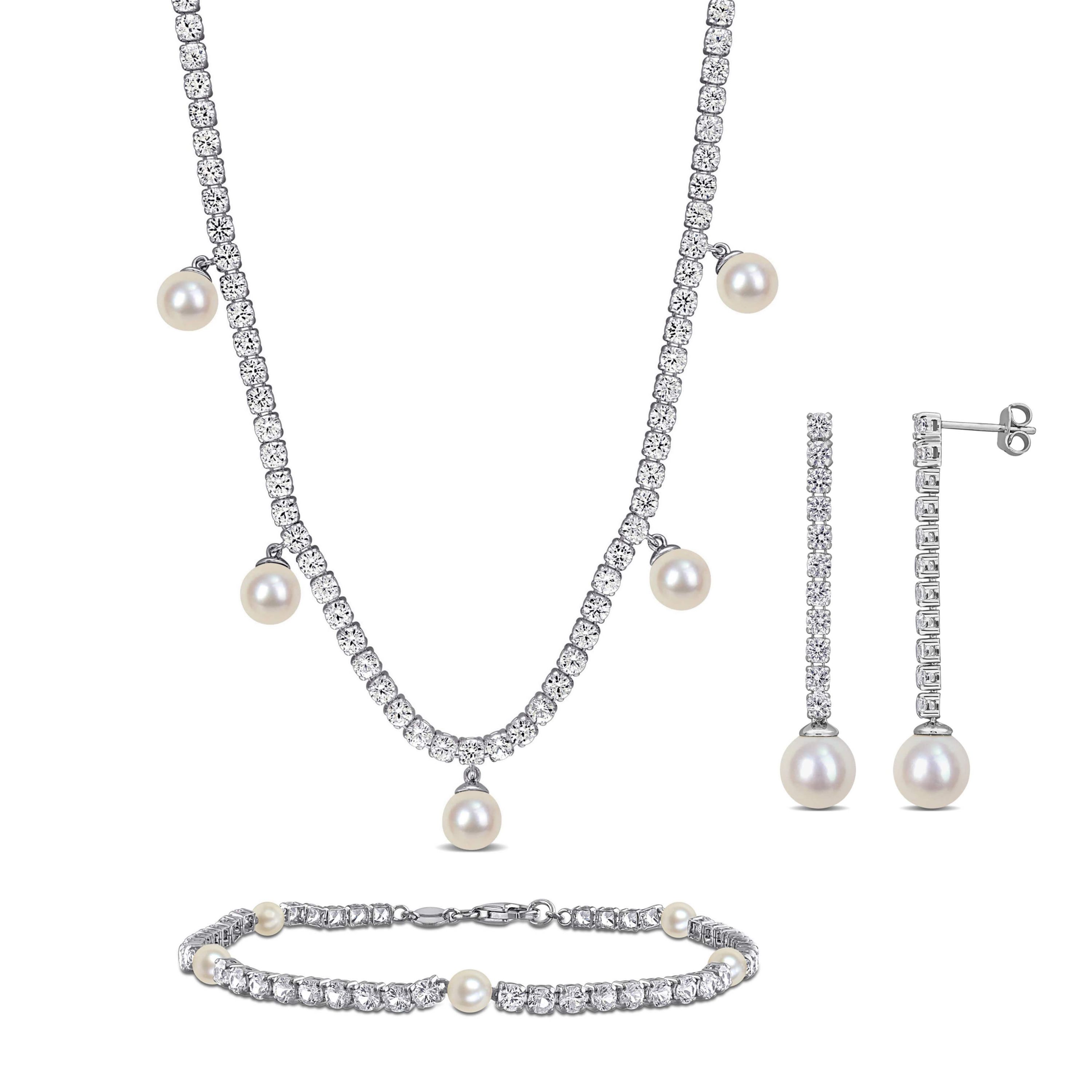 Lab Created Created White Sapphire & Freshwater Cultured Pearls Earrings, Bracelet & Necklace Set in Sterling Silver
