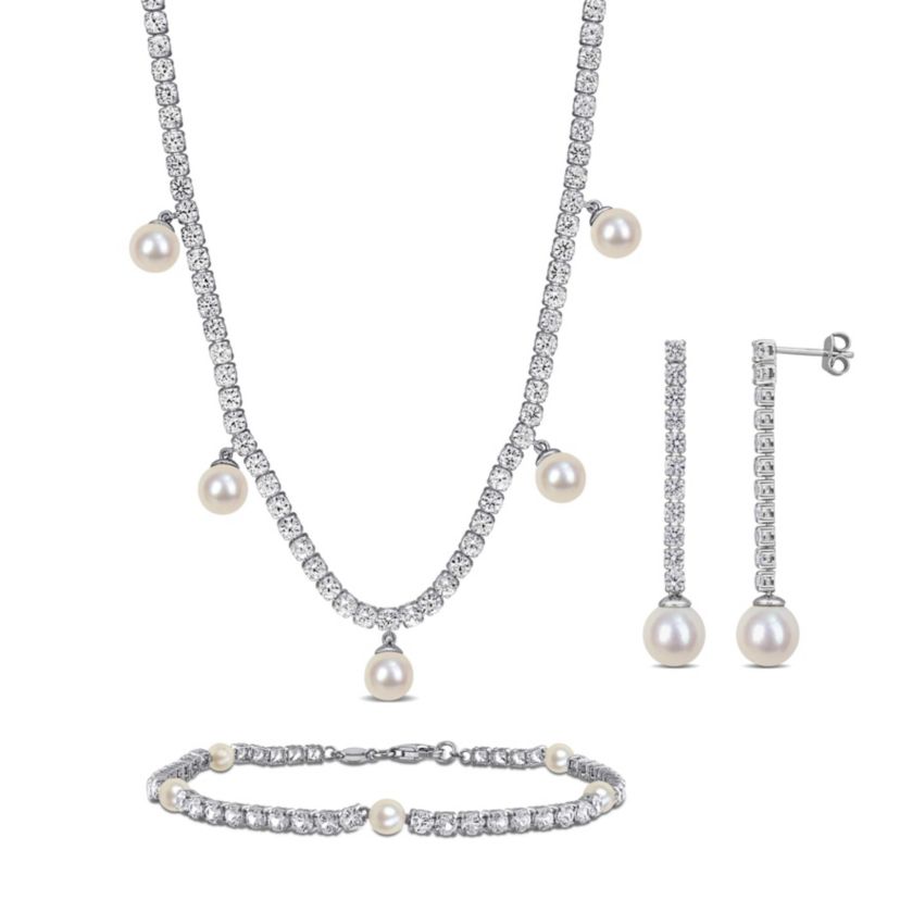 Lab Created Created White Sapphire & Freshwater Cultured Pearls Earrings, Bracelet & Necklace Set in Sterling Silver