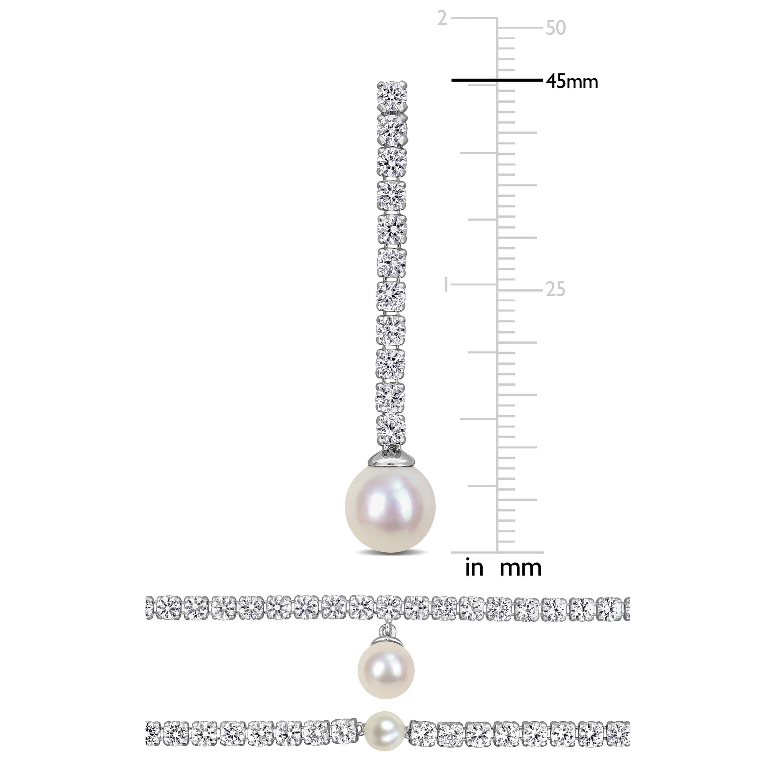 Lab Created Created White Sapphire & Freshwater Cultured Pearls Earrings, Bracelet & Necklace Set in Sterling Silver