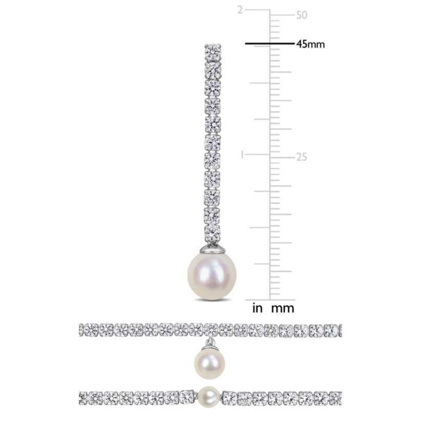 Lab Created Created White Sapphire & Freshwater Cultured Pearls Earrings, Bracelet & Necklace Set in Sterling Silver