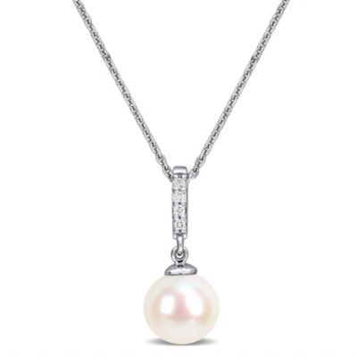 Belk & Co 7.5-8mm Freshwater Cultured Pearl & Diamond Accent Necklace in 14k White Gold