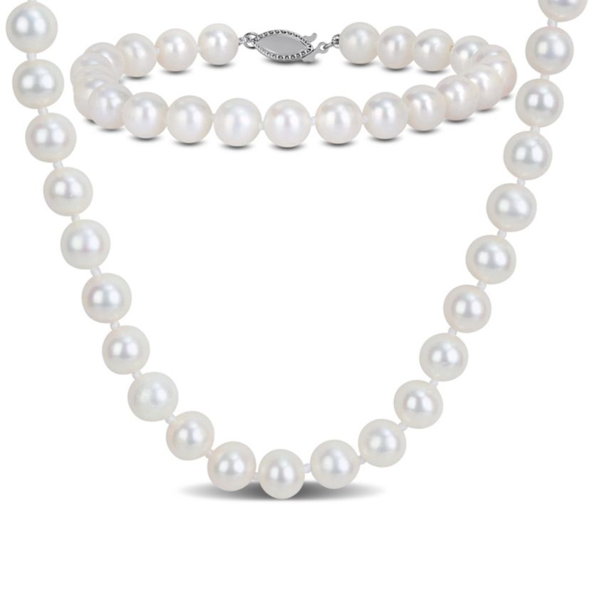 2-Pc Set of 7-7.5mm Freshwater Cultured Pearl Necklace &  Bracelet in Sterling Silver