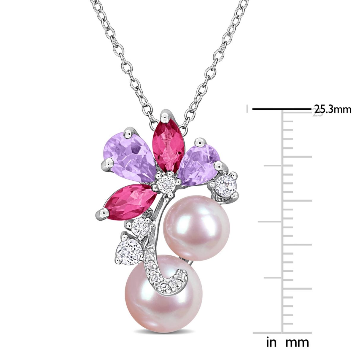 Rose De France, Pink & White Topaz & Pink Freshwater Cultured Pearl Pendant With Chain in Sterling Silver