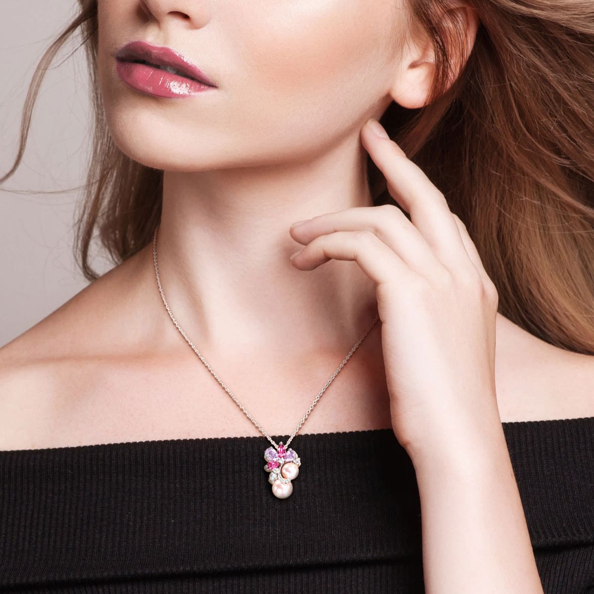 Rose De France, Pink & White Topaz & Pink Freshwater Cultured Pearl Pendant With Chain in Sterling Silver