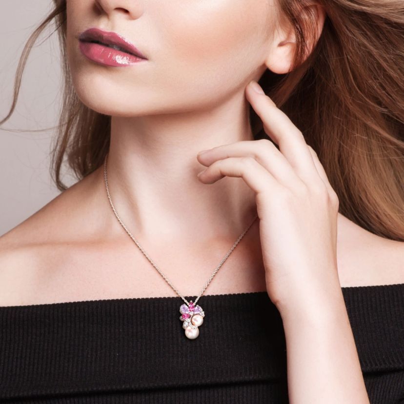 Rose De France, Pink & White Topaz & Pink Freshwater Cultured Pearl Pendant With Chain in Sterling Silver