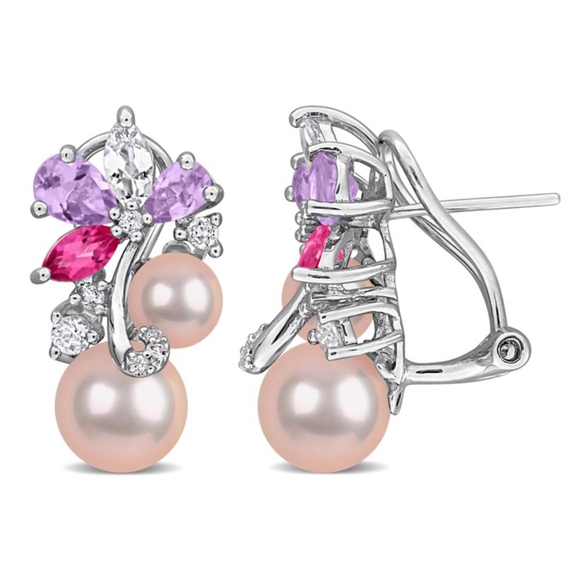 Rose De France, Pink & White Topaz & Pink Freshwater Cultured Pearl Post Earrings in Sterling Silver