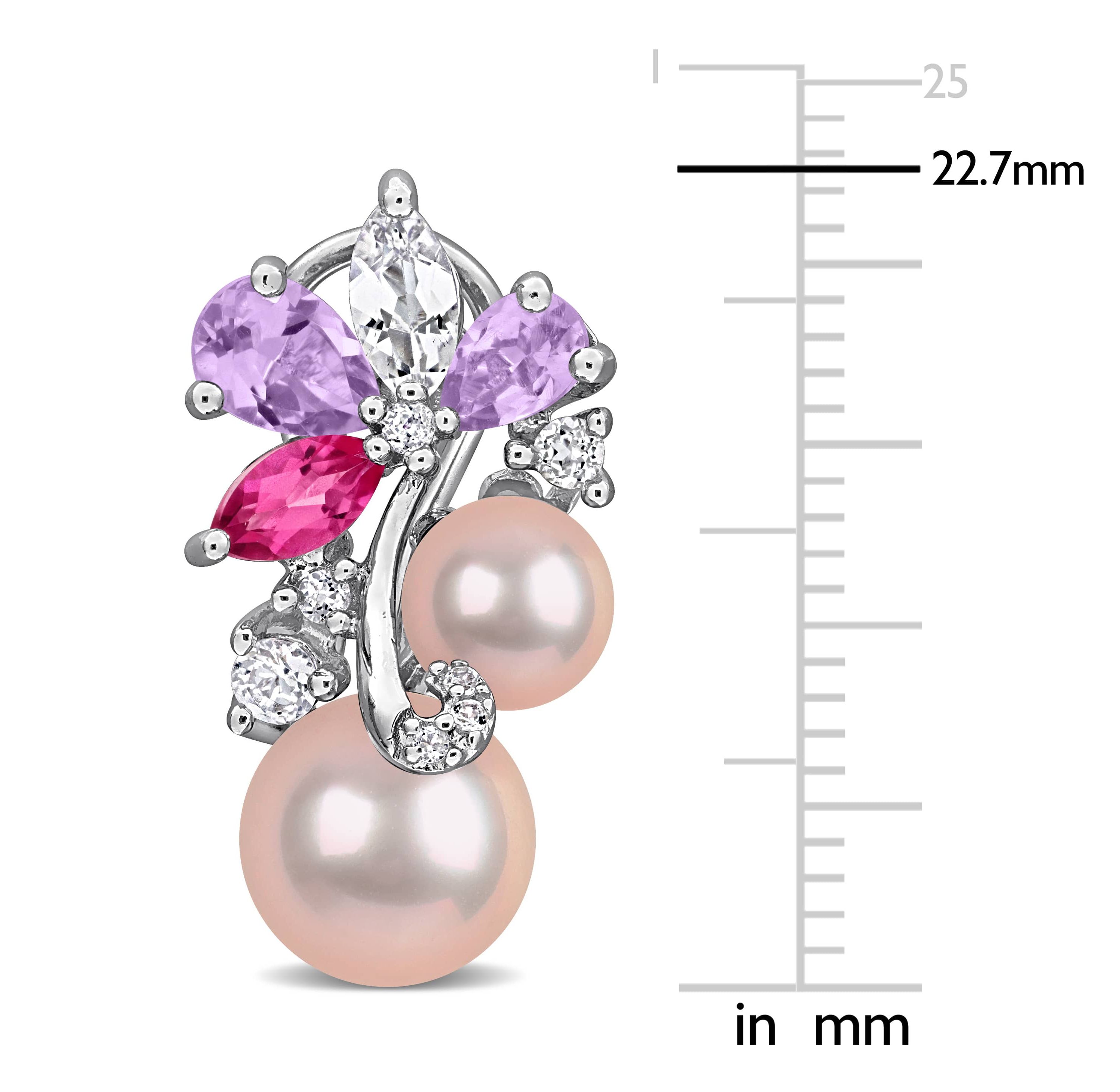 Rose De France, Pink & White Topaz & Pink Freshwater Cultured Pearl Post Earrings in Sterling Silver