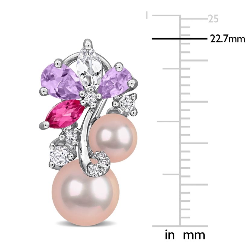 Rose De France, Pink & White Topaz & Pink Freshwater Cultured Pearl Post Earrings in Sterling Silver