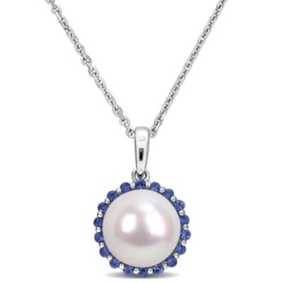 Belk & Co Sapphire & 8-8.5mm Freshwater Cultured Pearl Pendant With Chain in 14k White Gold