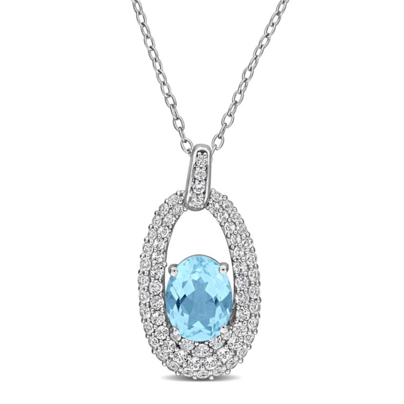 Sky Blue & White Topaz Pendant With Chain in Sterling Silver