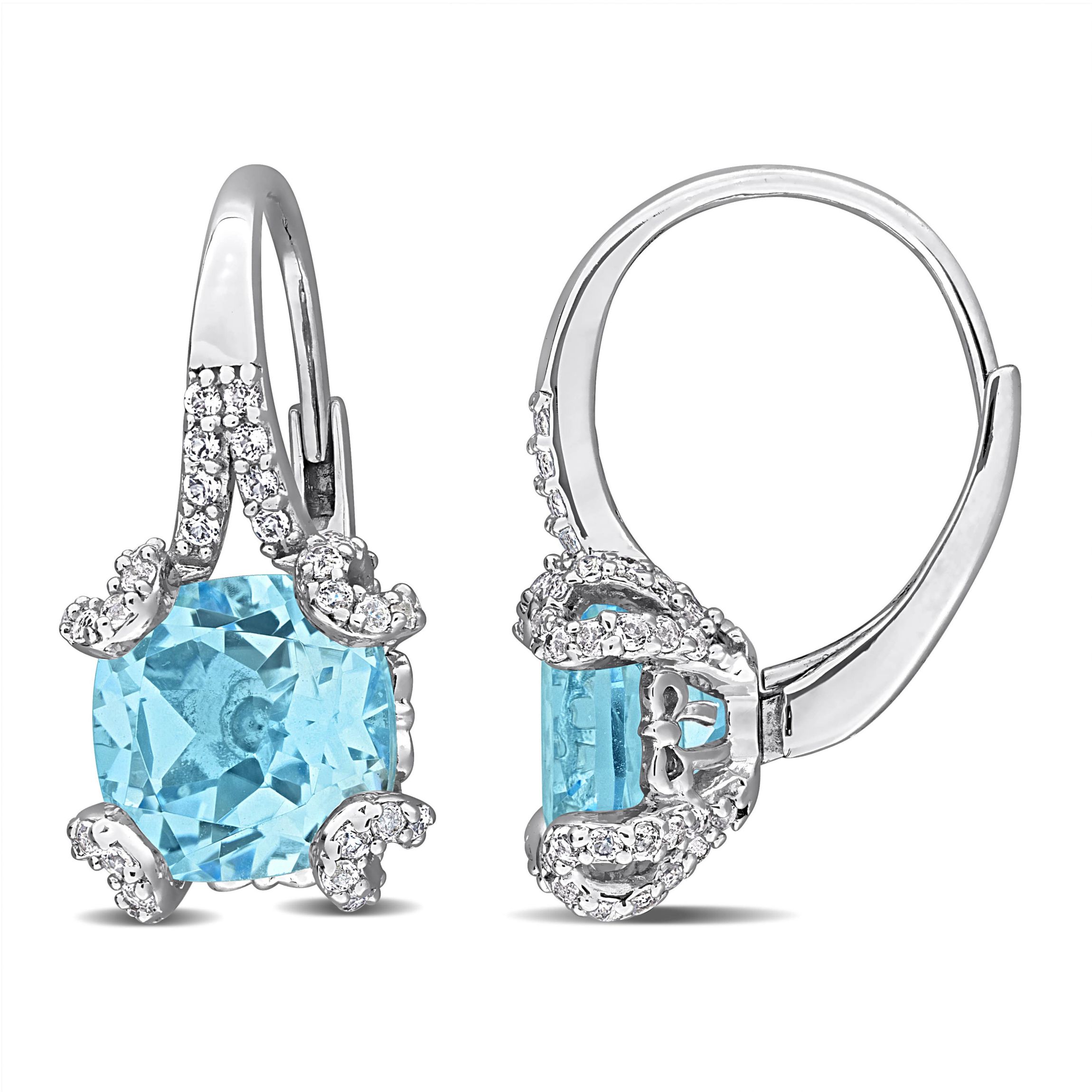 Sky Blue & White Topaz Leverback Earrings in Sterling Silver